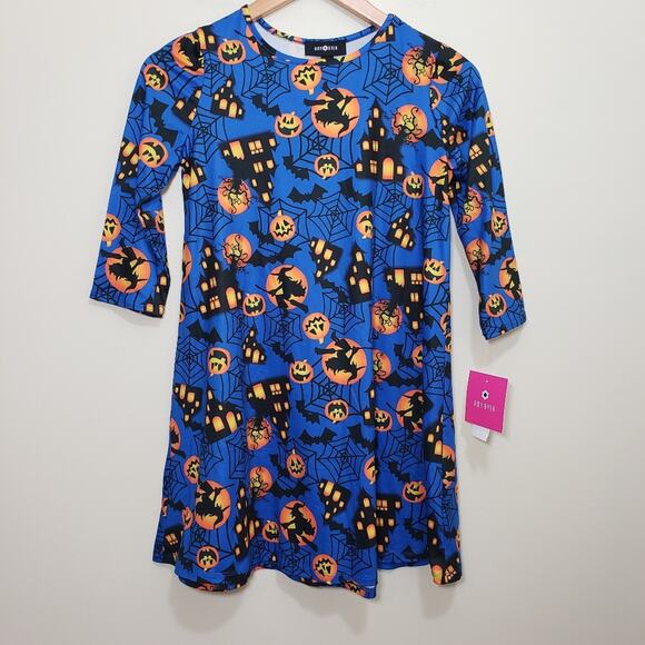 Amy Byer NWT Halloween dress with haunted house, bat, spiderweb girls size large - Picture 2 of 7